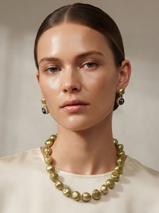 Olive Champagne Premium Heavy Pearl Necklace with Earrings