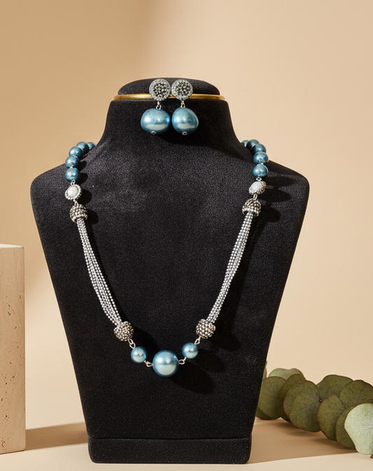 Anti Tarnish Metallic Blue Pearl & Crystal Jewelry Set With Earrings