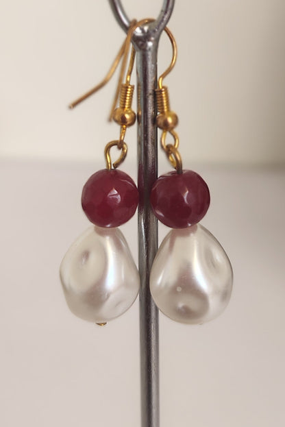 Pearl & Ruby Red white Necklace With Matching Earings