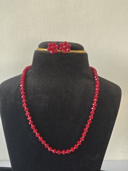 Red Diamond Cut Bead Necklace & Earring Set