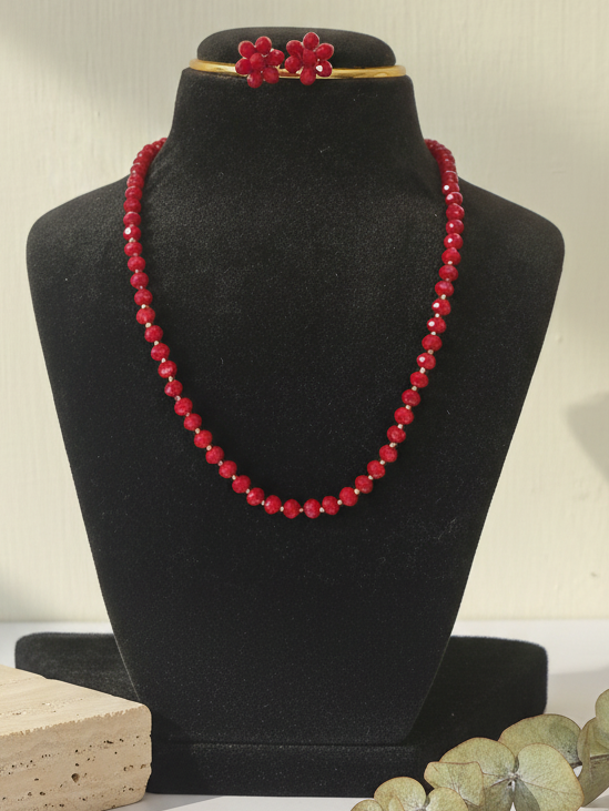 Red Diamond Cut Bead Necklace & Earring Set