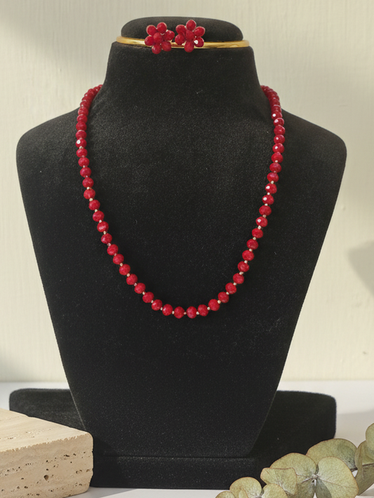 Red Diamond Cut Bead Necklace & Earring Set