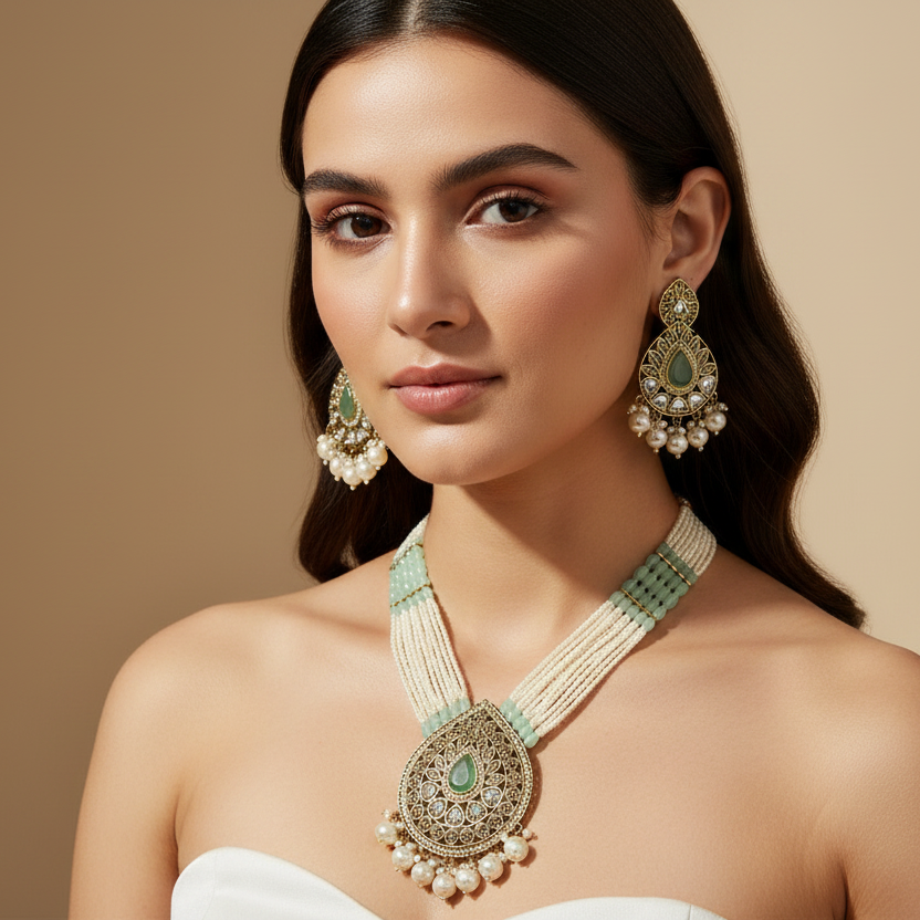 Royal White & light Green Long Necklace With Matching Earrings