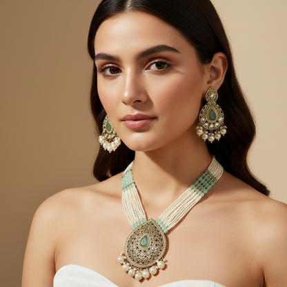 Royal White & light Green Long Necklace With Matching Earrings