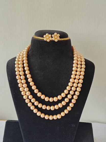 3 Layer Pearl Necklace Set Golden Shade With Earrings