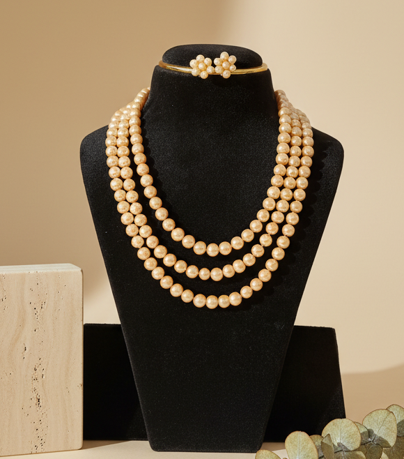 3 Layer Pearl Necklace Set Golden Shade With Earrings