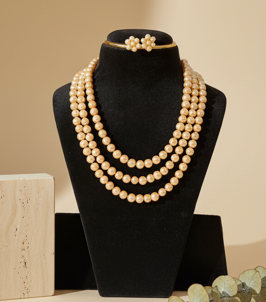 3 Layer Pearl Necklace Set Golden Shade With Earrings