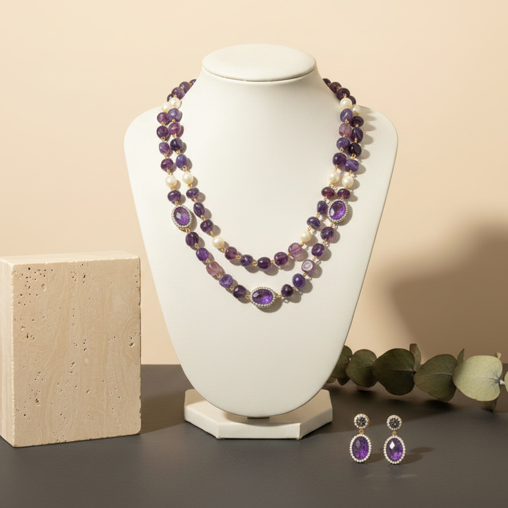 Multi Purple shade Stone With Earrings
