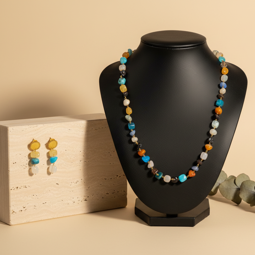 Multi colour long Necklace With Earrings Set