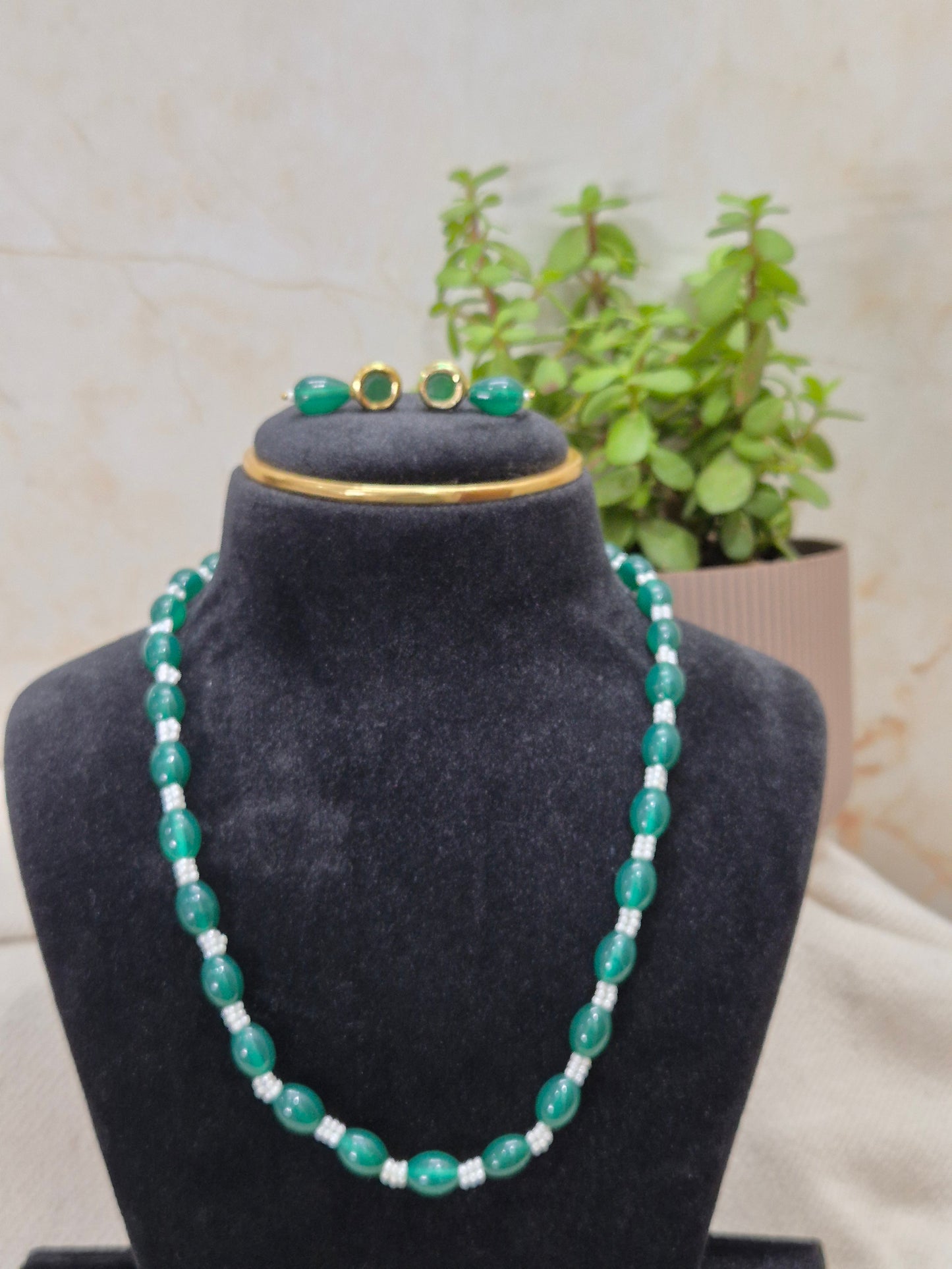 Elegant Green Drop & White Bead Necklace & Earring Set
