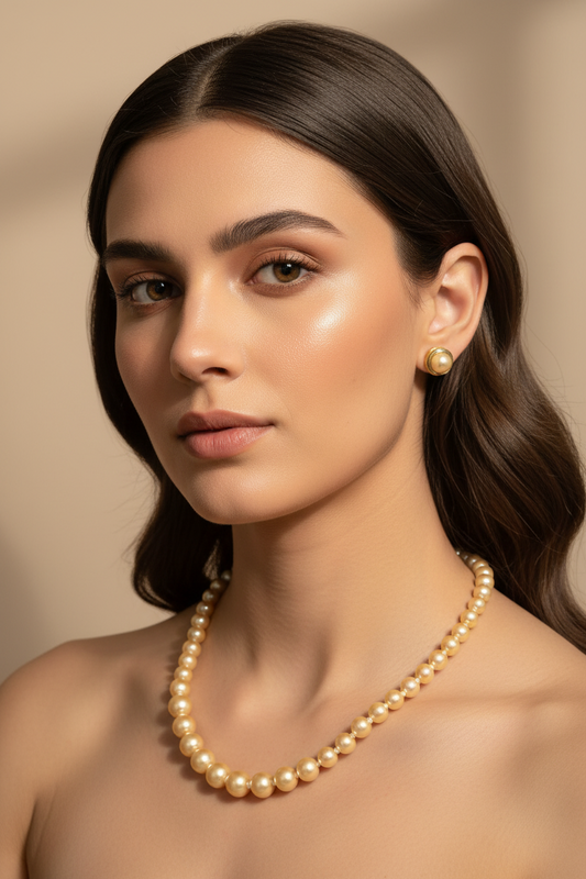 Golden Shade Pearl Necklace Set With Golden Metal Earrings