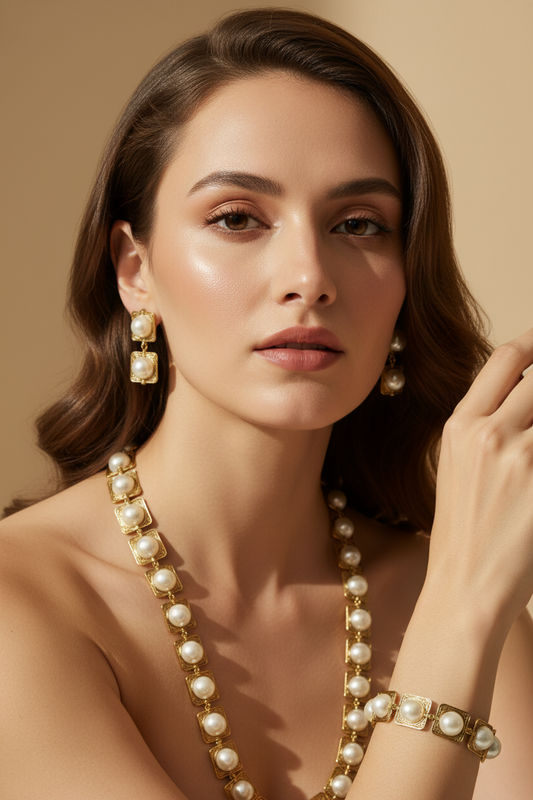 White Pearls With Golden Metal - Necklace, Earrings, Bracelet -5 Piece Set