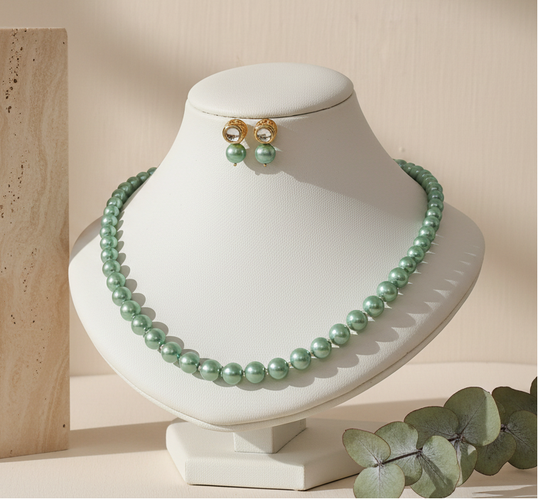 Sea Green Pearl With Golden Metal Earrings