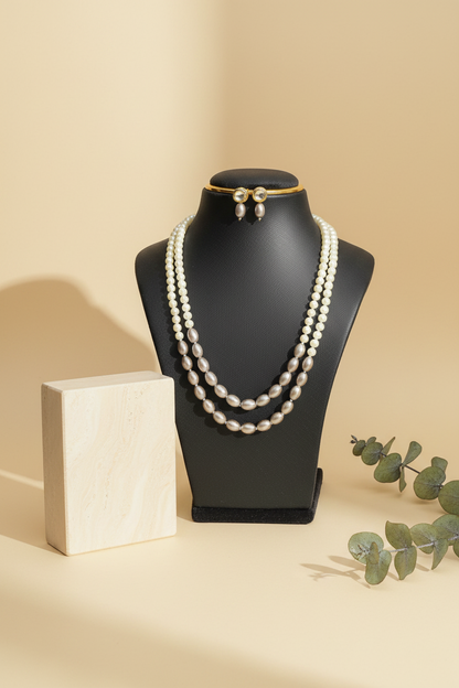Gray White Double layer Necklace With Golden Metal Earrings