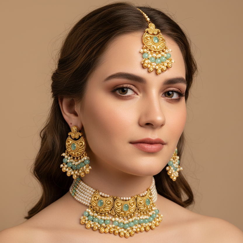Royal Green& White Shade Choker With Matching Earrings & Maang Tikka