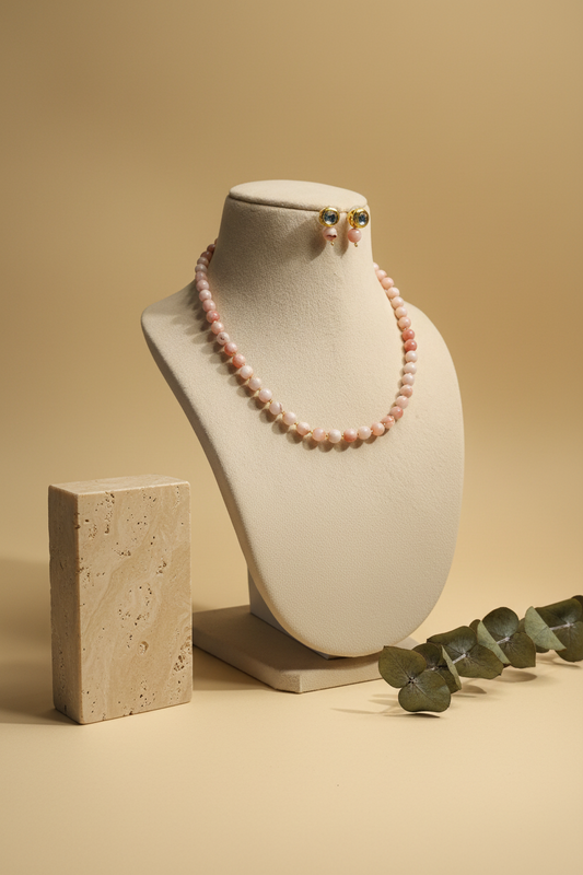 Peach Onyx Necklace With Metal Earrings