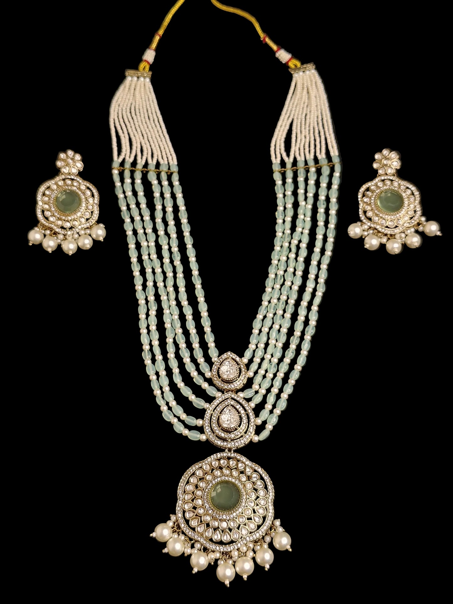 Royal White & Light Green Long Necklace With Matching Earrings