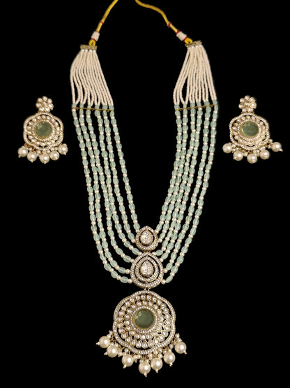 Royal White & Light Green Long Necklace With Matching Earrings