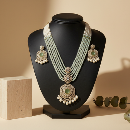 Royal White & Light Green Long Necklace With Matching Earrings