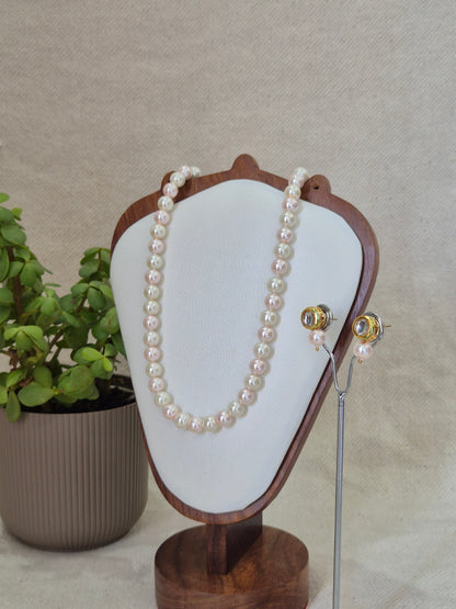 Pink And White Pearl Combination Necklace With Metal Earrings