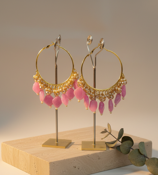 Golden Metal Hoop With Light Pink Stone