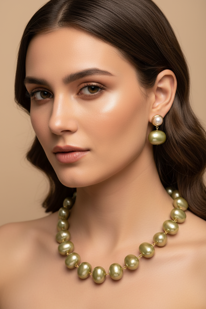 Korean Green Pearl With Earrings Big Size Necklace  DB00043