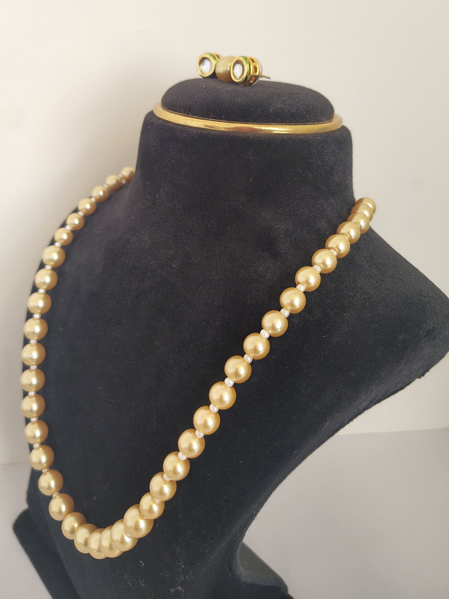 Golden Shade Pearl Necklace Set With Golden Metal Earrings