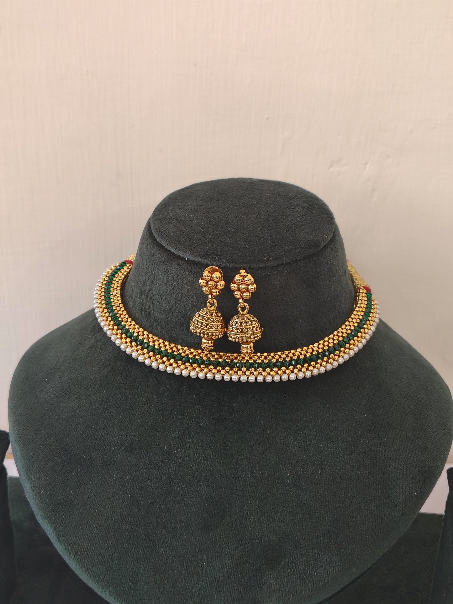 Green Red Gold-Plated Choker & Jhumka Jewelry Set  With Earrings