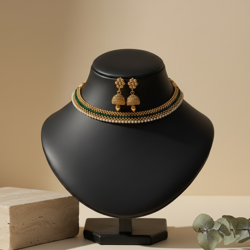 Green Red Gold-Plated Choker & Jhumka Jewelry Set  With Earrings