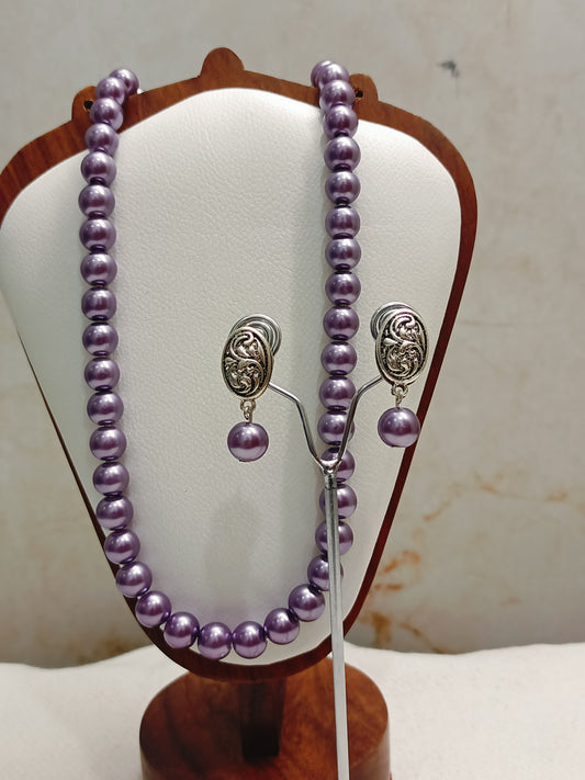 Purple Pearls Necklace With Oxidised Silver Earrings