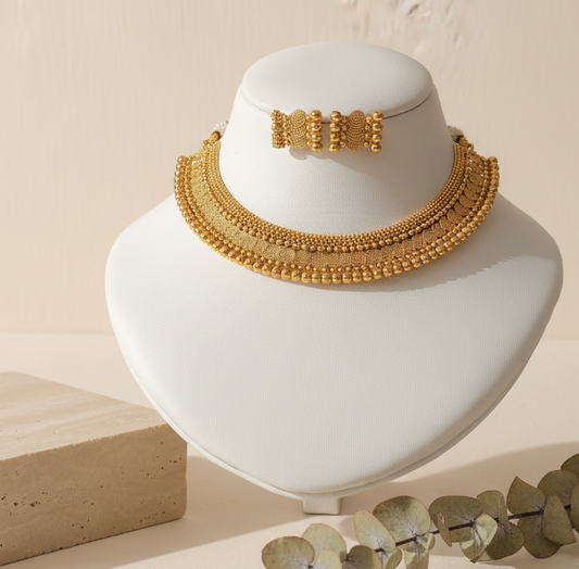 Heritage Gold Bead & Spiral Choker Set With Earrings