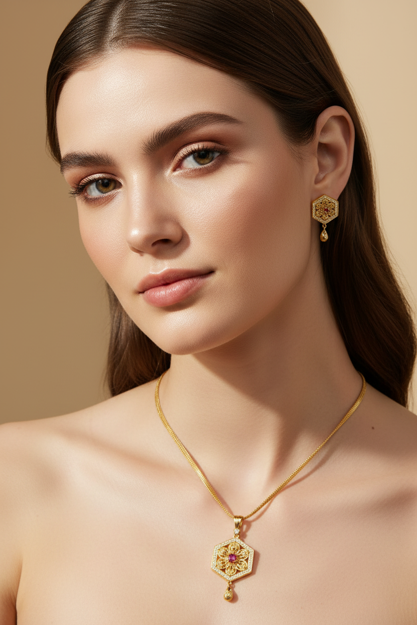 Golden Pendant Long Necklace Set DB00059