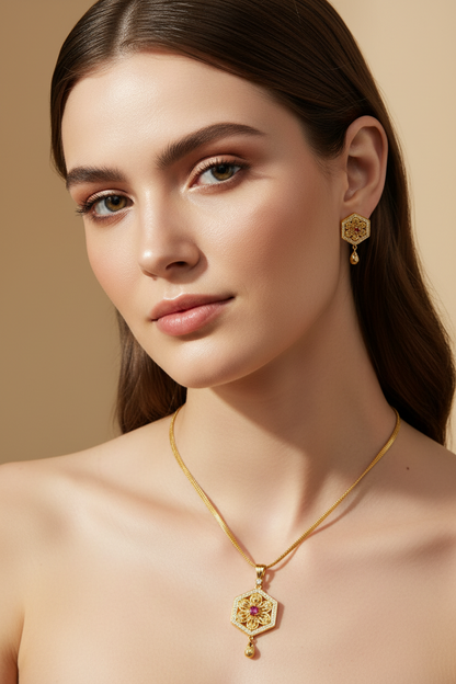 Golden Pendant Long Necklace Set DB00059