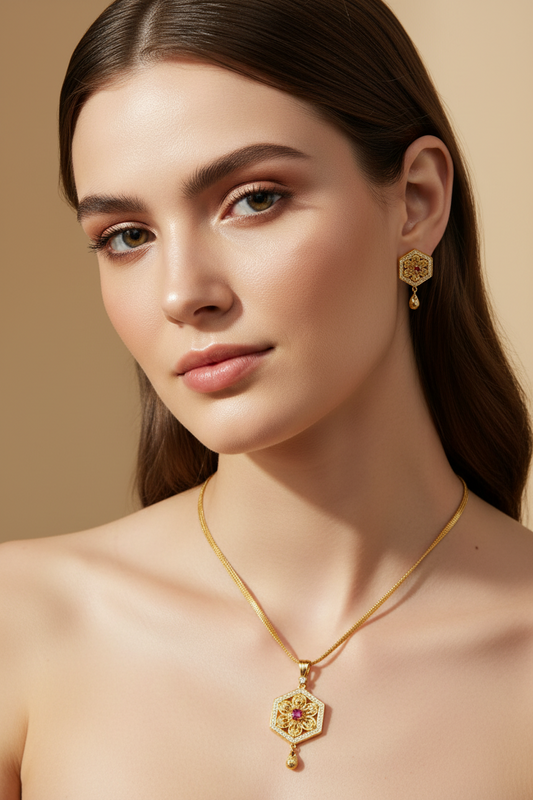 Golden Pendant Long Necklace Set