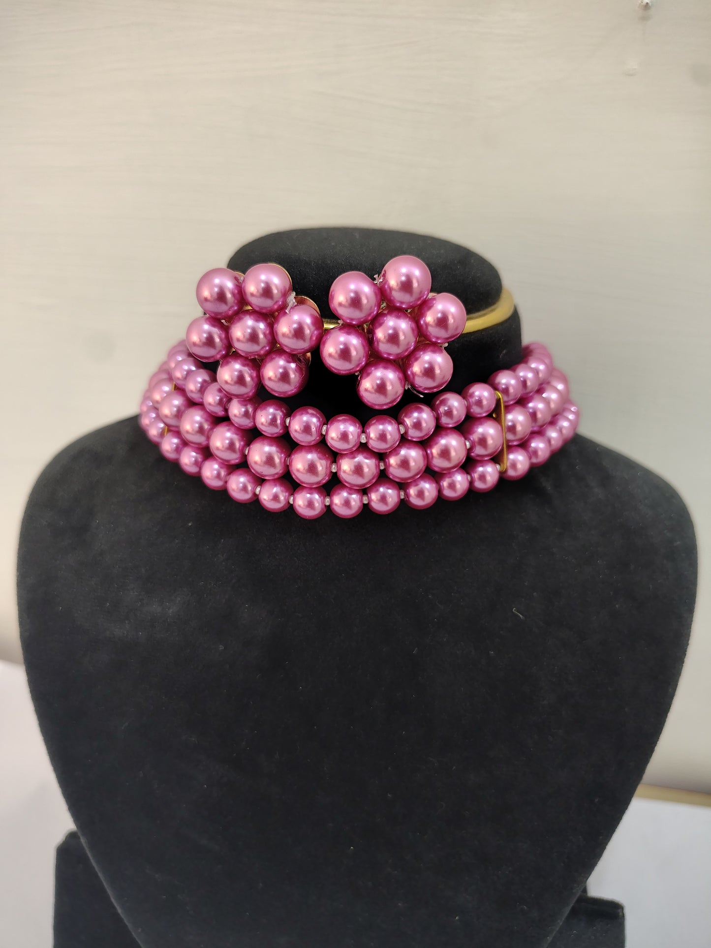Bright Pink Pearl 3 Layer With Earrings Choker Set