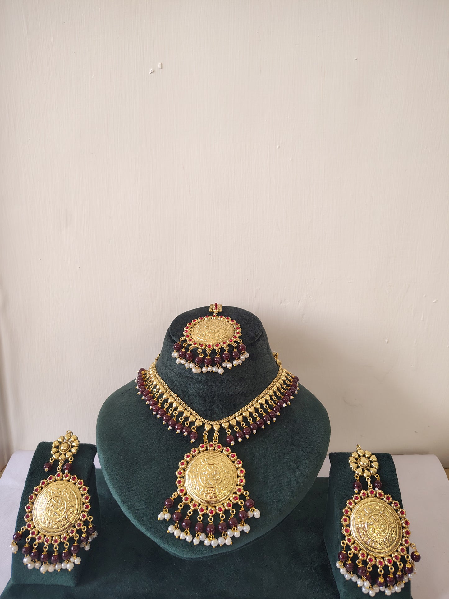 Maroon Royal Pearl Choker & Multi Strand Jewellery Set With Maang Tikka & Earrings