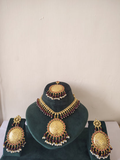 Maroon Royal Pearl Choker & Multi Strand Jewellery Set With Maang Tikka & Earrings