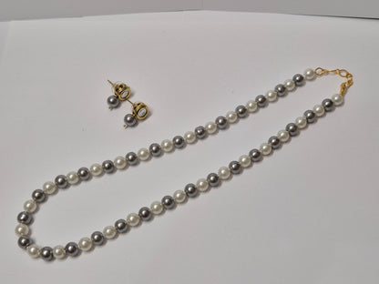 Grey And White Beads Necklace With Metal Earrings