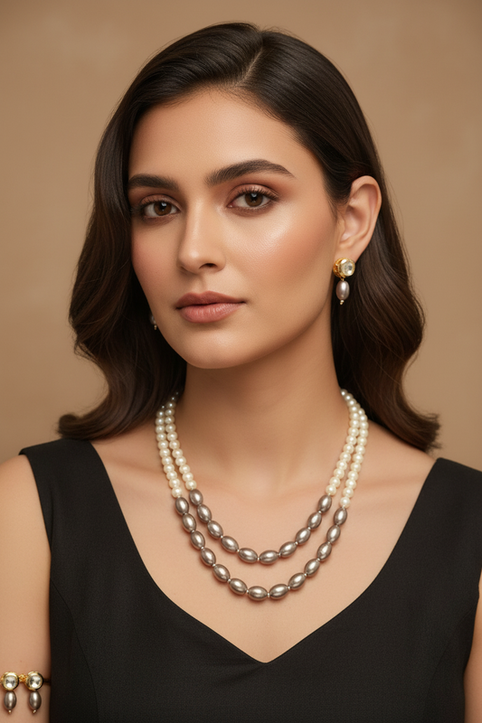 Gray White Double layer Necklace With Golden Metal Earrings