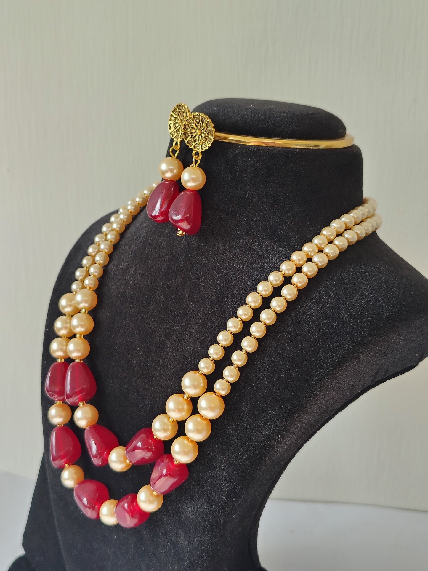 Maroon Stone & Golden Shade Pearl Necklace With Earrings