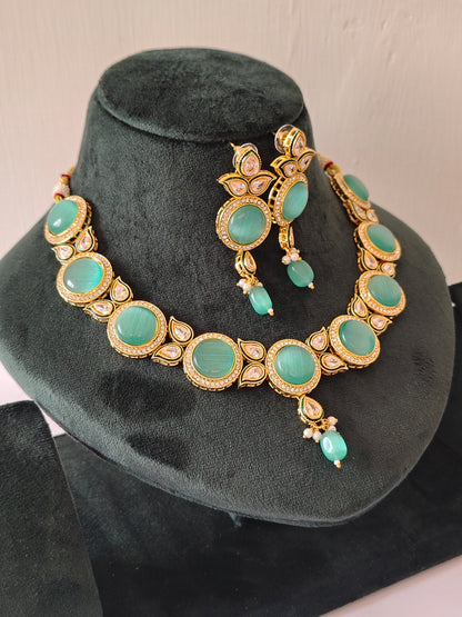Premium Sea Green Shade Stone Studded Necklace With Earrings