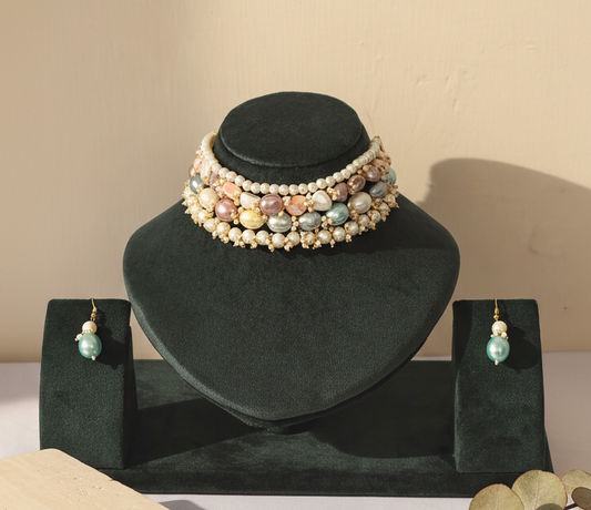Multi-Hue Baroque Pearl Cluster Choker & Earring Set