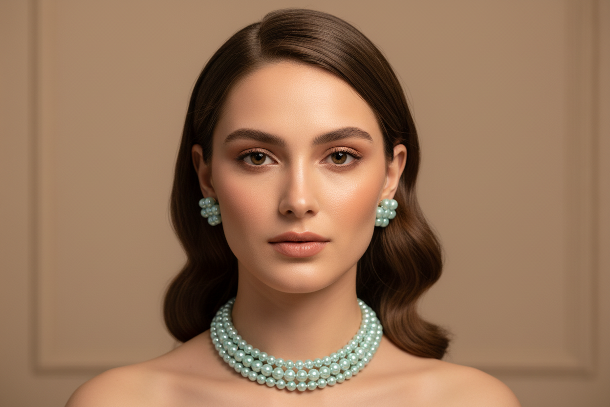 Sky Blue Pearl 3 Layer With Earrings Choker Set