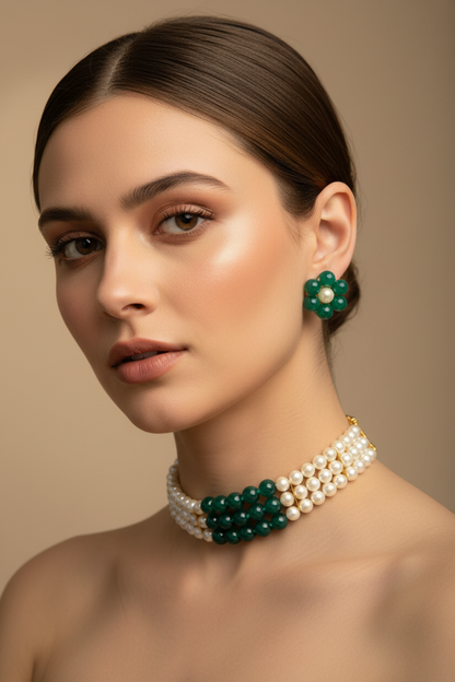 Green And White Pearl Choker Set With 3 Layers DB00441
