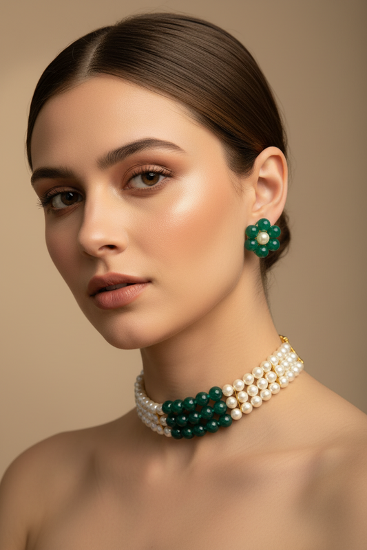 Green And White Pearl Choker Set With 3 Layers DB00441