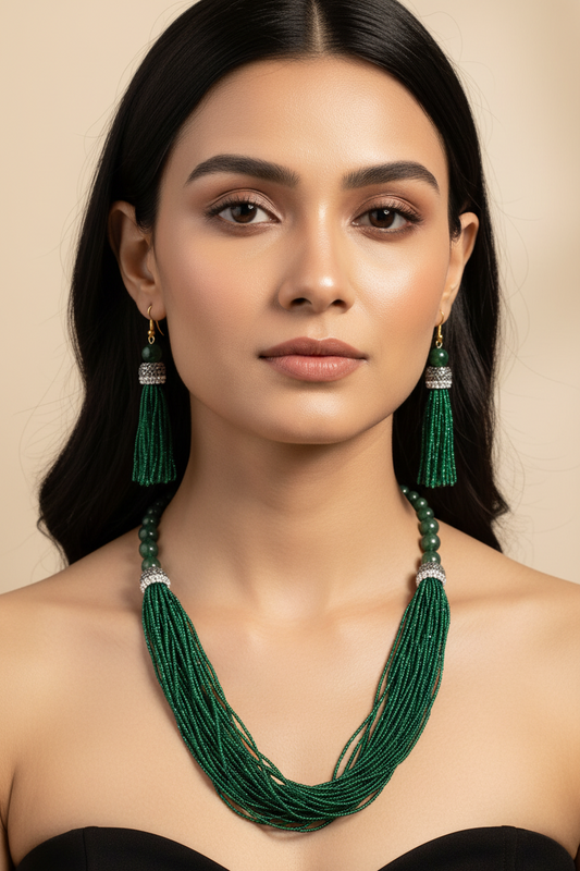 Bright Green Pearl Necklace With Earrings