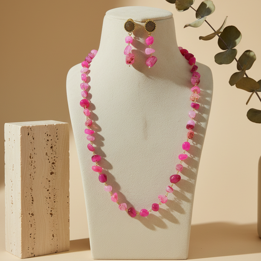 Pink Stone Look Necklace & Earring Set