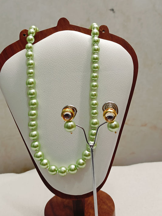 Premium Green Shade Pearls With Golden Metal Earrings