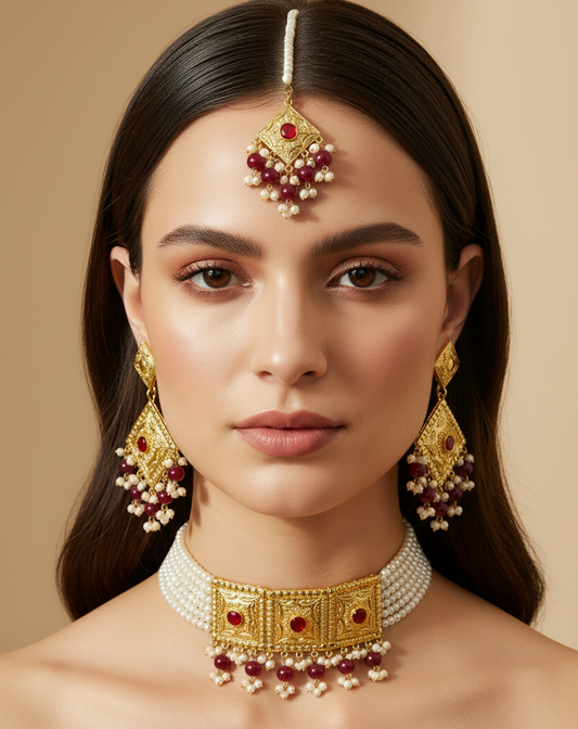 Red & Gold Imitation Choker Set with Earrings