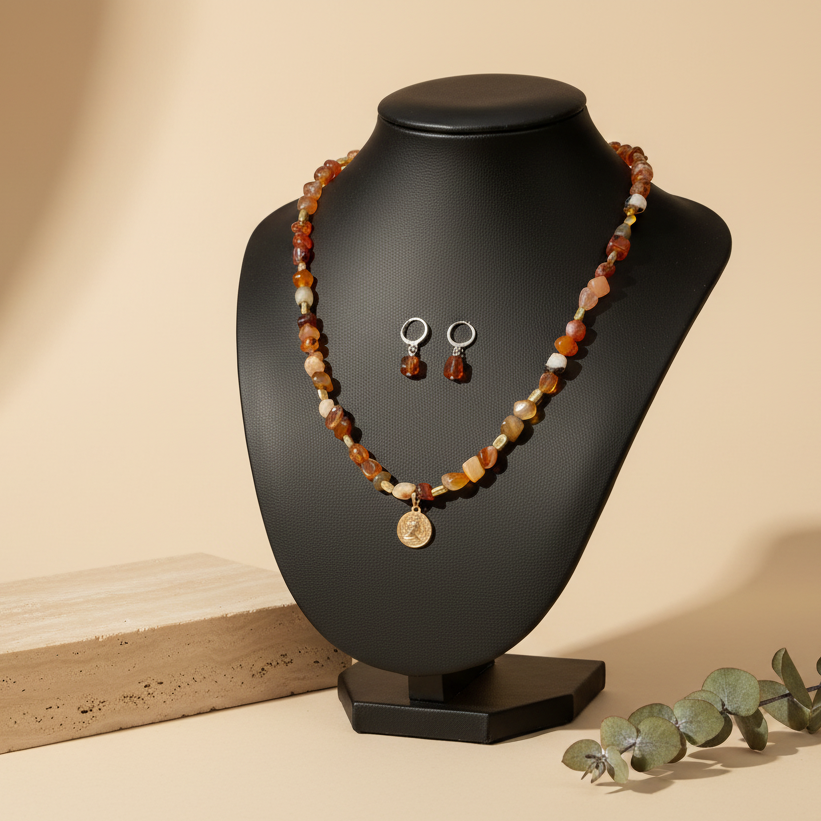 Multi colour Stone Look Necklace with Earrings